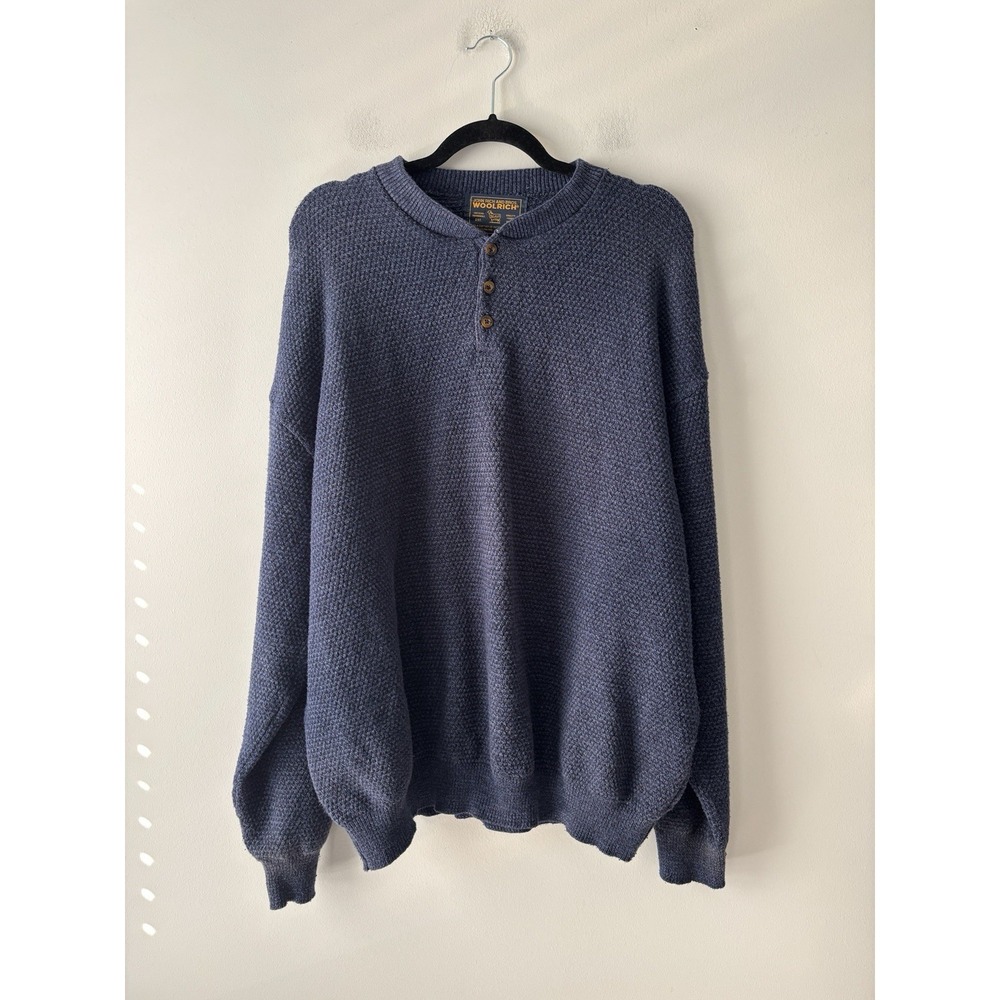 Vintage 90'S WOOLRICH Henley Cotton Knit Navy Sweater Made in USA Men's Size XXL - Picture 1 of 8